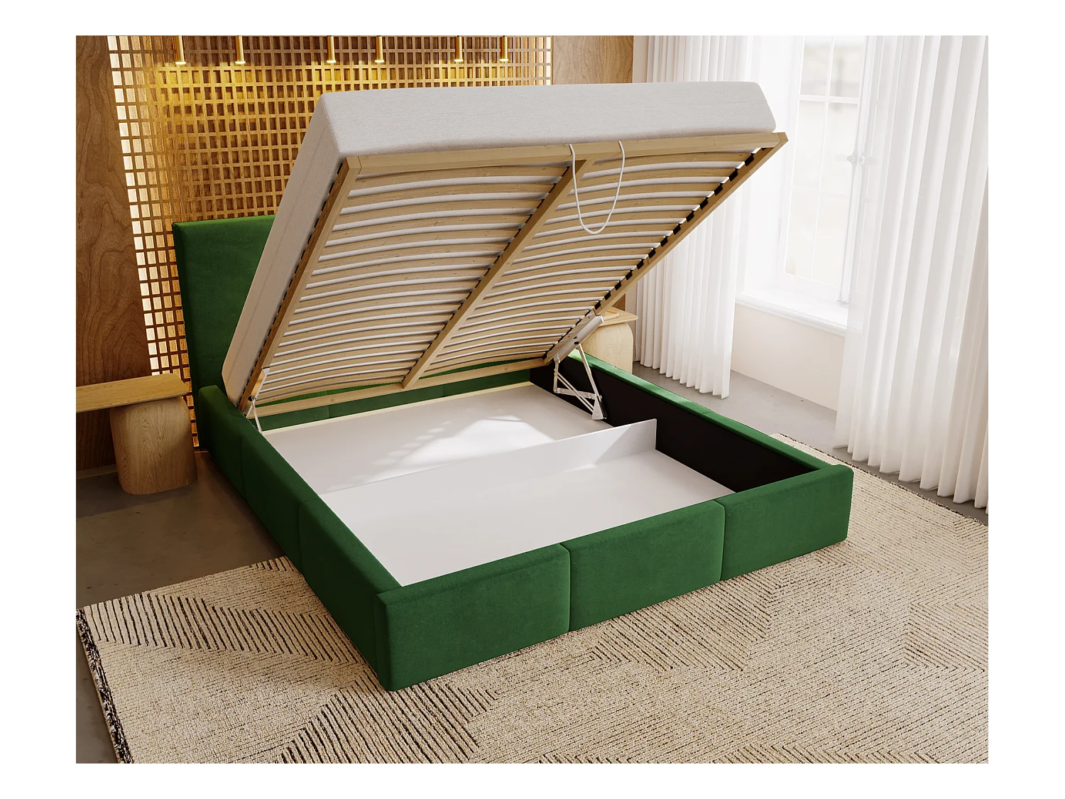 Emporius Lit 200x200 Lary - Lit avec rangement, Lit adulte rembourré - sommier à Lattes, tissu velours Vert (Magic Velvet 2225)