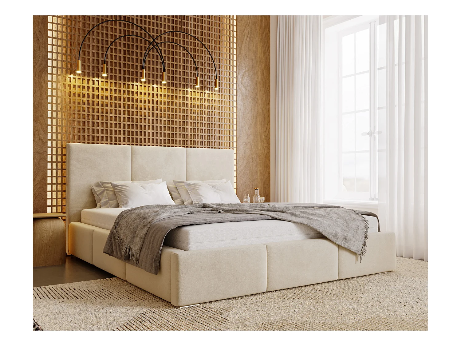 Emporius Lit 140x200 Lary - Lit avec rangement, Lit adulte rembourré - sommier à Lattes, tissu velours Beige (Magic Velvet 2201)