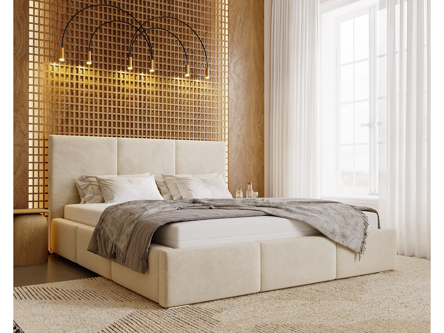 Emporius Lit 140x200 Lary - Lit avec rangement, Lit adulte rembourré - sommier à Lattes, tissu velours Beige (Magic Velvet 2201)