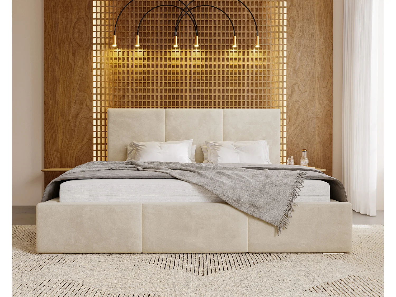 Emporius Lit 140x200 Lary - Lit avec rangement, Lit adulte rembourré - sommier à Lattes, tissu velours Beige (Magic Velvet 2201)