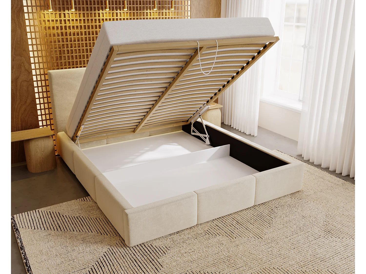 Emporius Lit 140x200 Lary - Lit avec rangement, Lit adulte rembourré - sommier à Lattes, tissu velours Beige (Magic Velvet 2201)