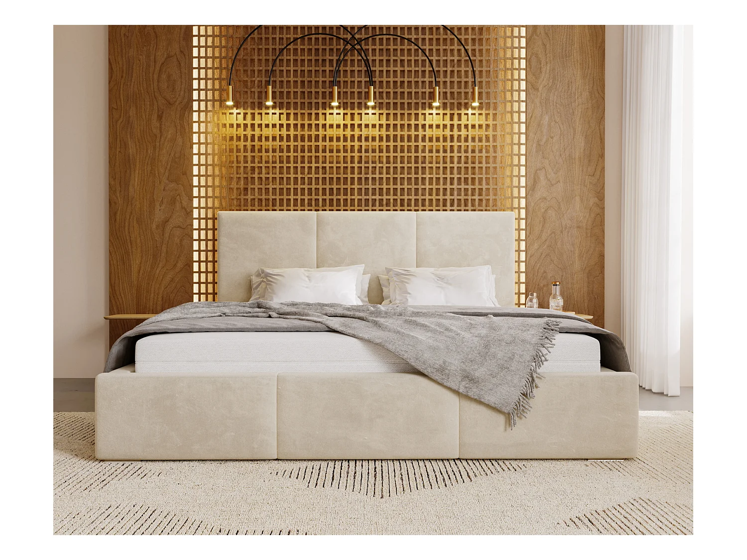 Emporius Lit 160x200 Lary - Lit avec rangement, Lit adulte rembourré - sommier à Lattes, tissu velours Beige (Magic Velvet 2201)