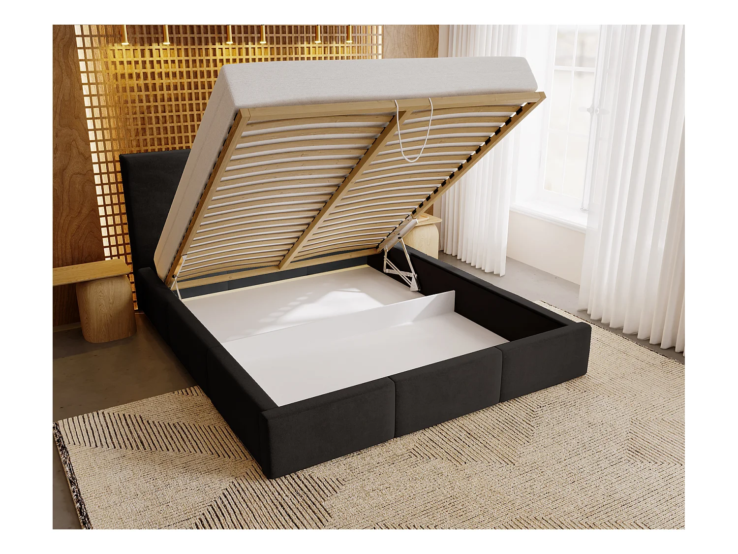 Emporius Lit 160x200 Lary - Lit avec rangement, Lit adulte rembourré - sommier à Lattes, tissu velours Noir (Magic Velvet 2219)