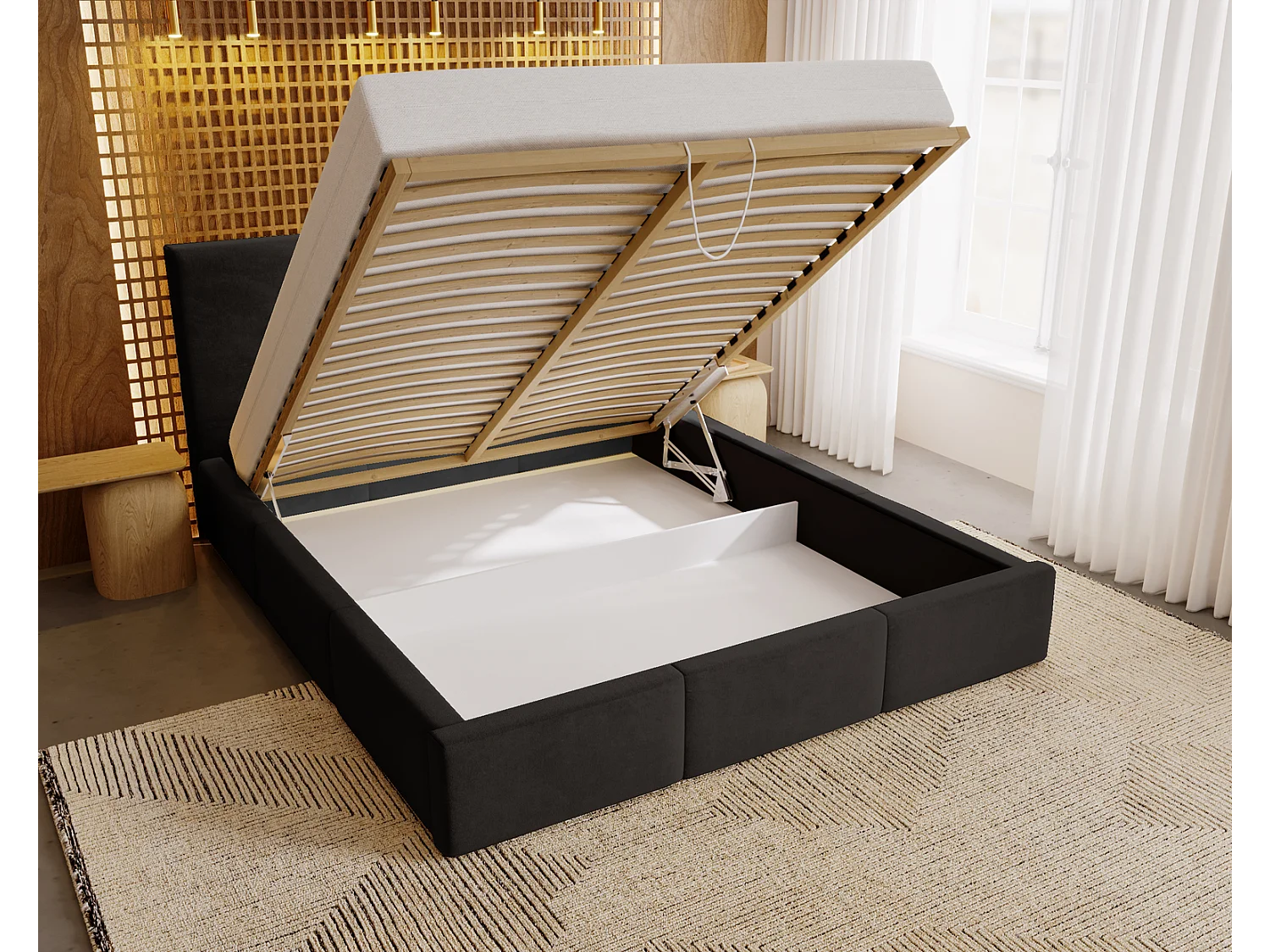 Emporius Lit 160x200 Lary - Lit avec rangement, Lit adulte rembourré - sommier à Lattes, tissu velours Noir (Magic Velvet 2219)