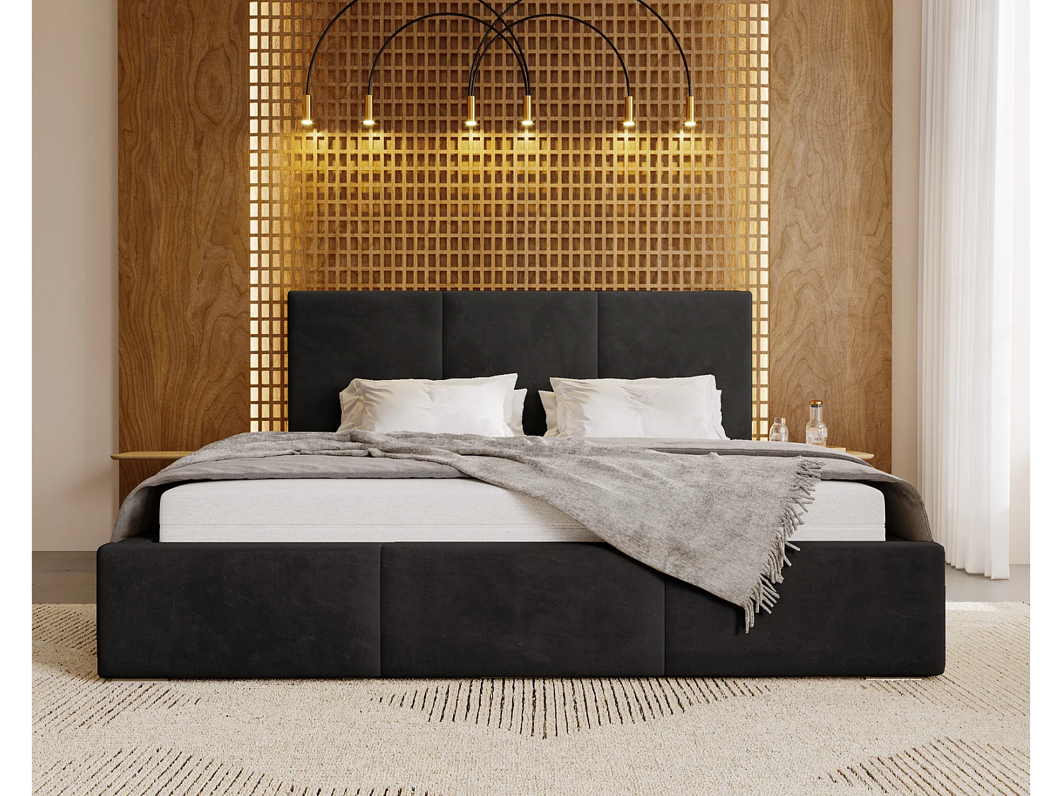 Emporius Lit 160x200 Lary - Lit avec rangement, Lit adulte rembourré - sommier à Lattes, tissu velours Noir (Magic Velvet 2219)