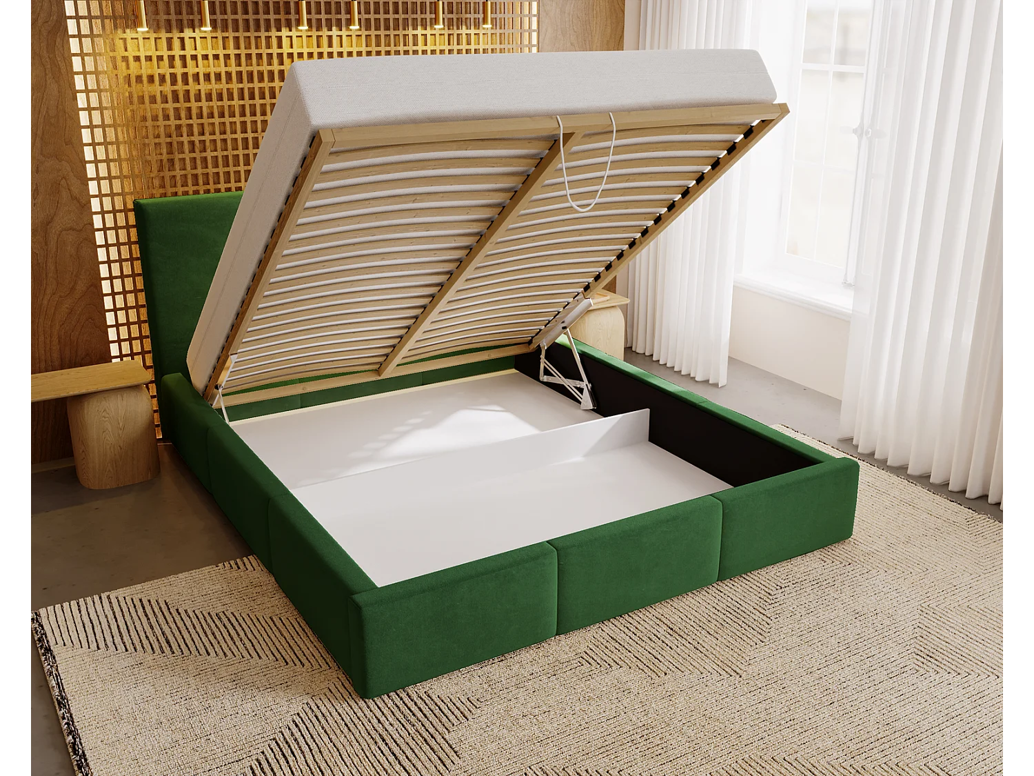 Emporius Lit 180x200 Lary - Lit avec rangement, Lit adulte rembourré - sommier à Lattes, tissu velours Vert (Magic Velvet 2225)