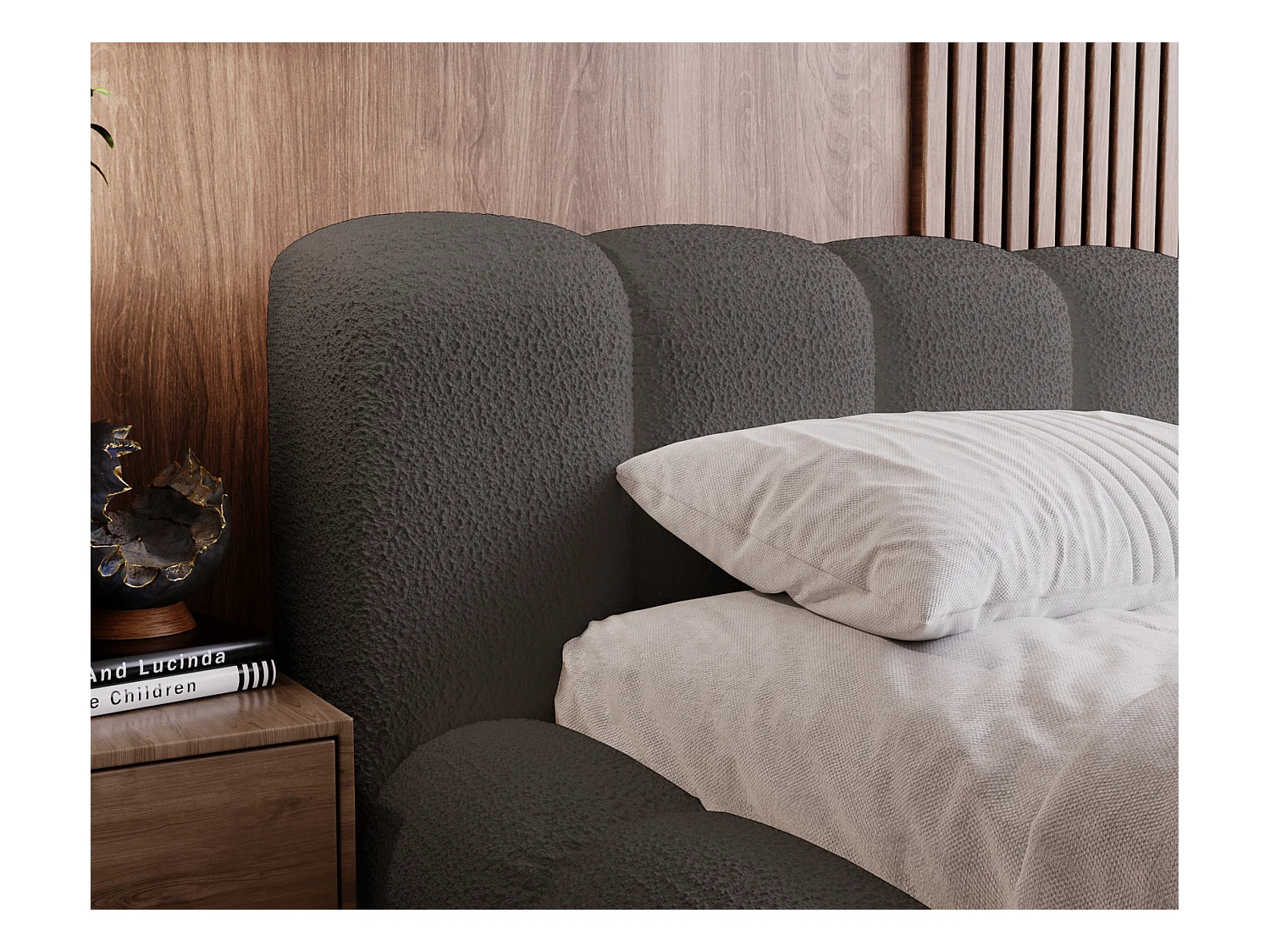 Emporius Cloud Lit rembourré 160x200 - Lit coffre avec rangement et sommier à lattes - Lit double 160x200 cm, tissu bouclé Gris foncé (Anthology 18)