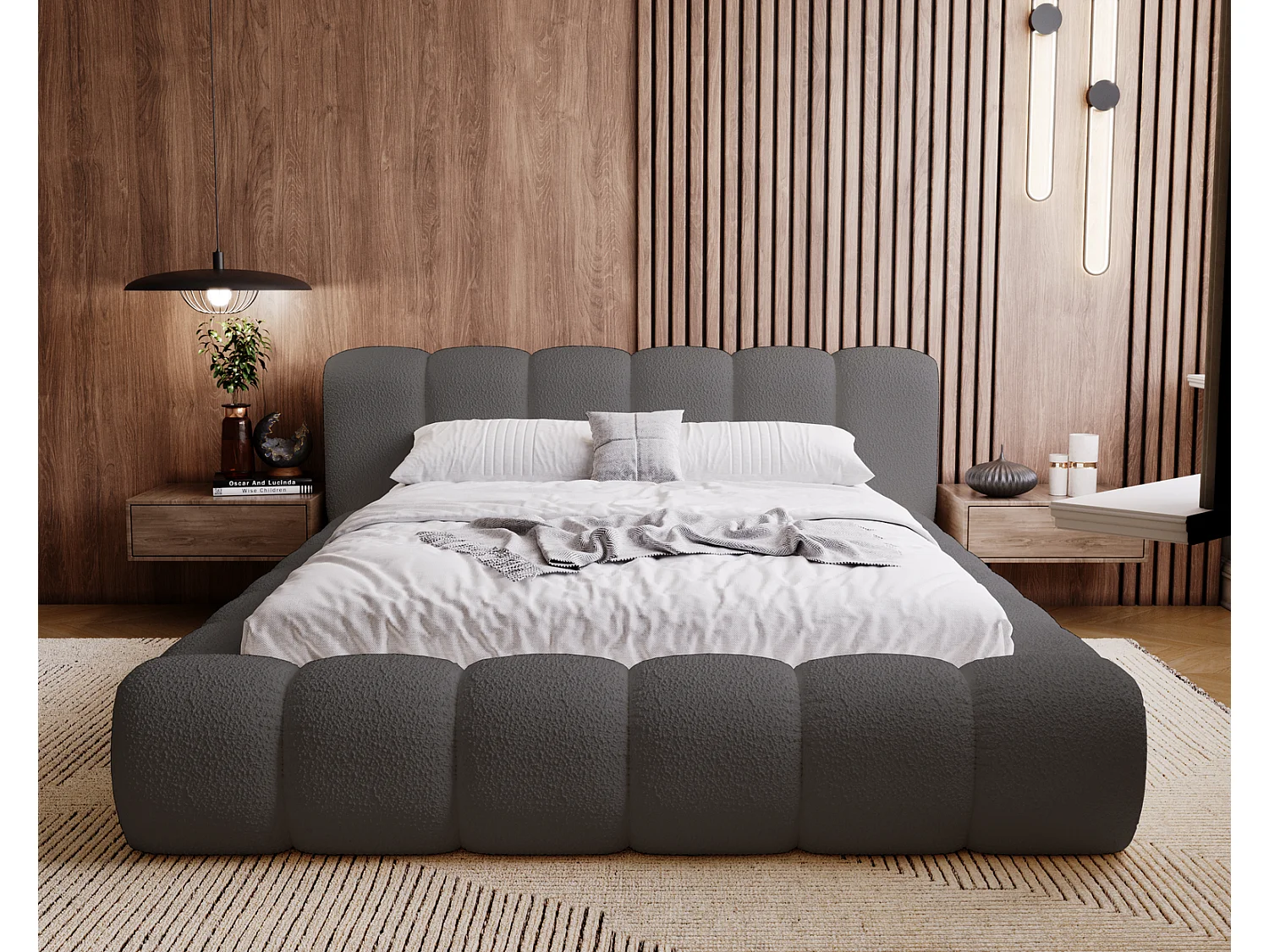 Emporius Cloud Lit rembourré 160x200 - Lit coffre avec rangement et sommier à lattes - Lit double 160x200 cm, tissu bouclé Gris foncé (Anthology 18)