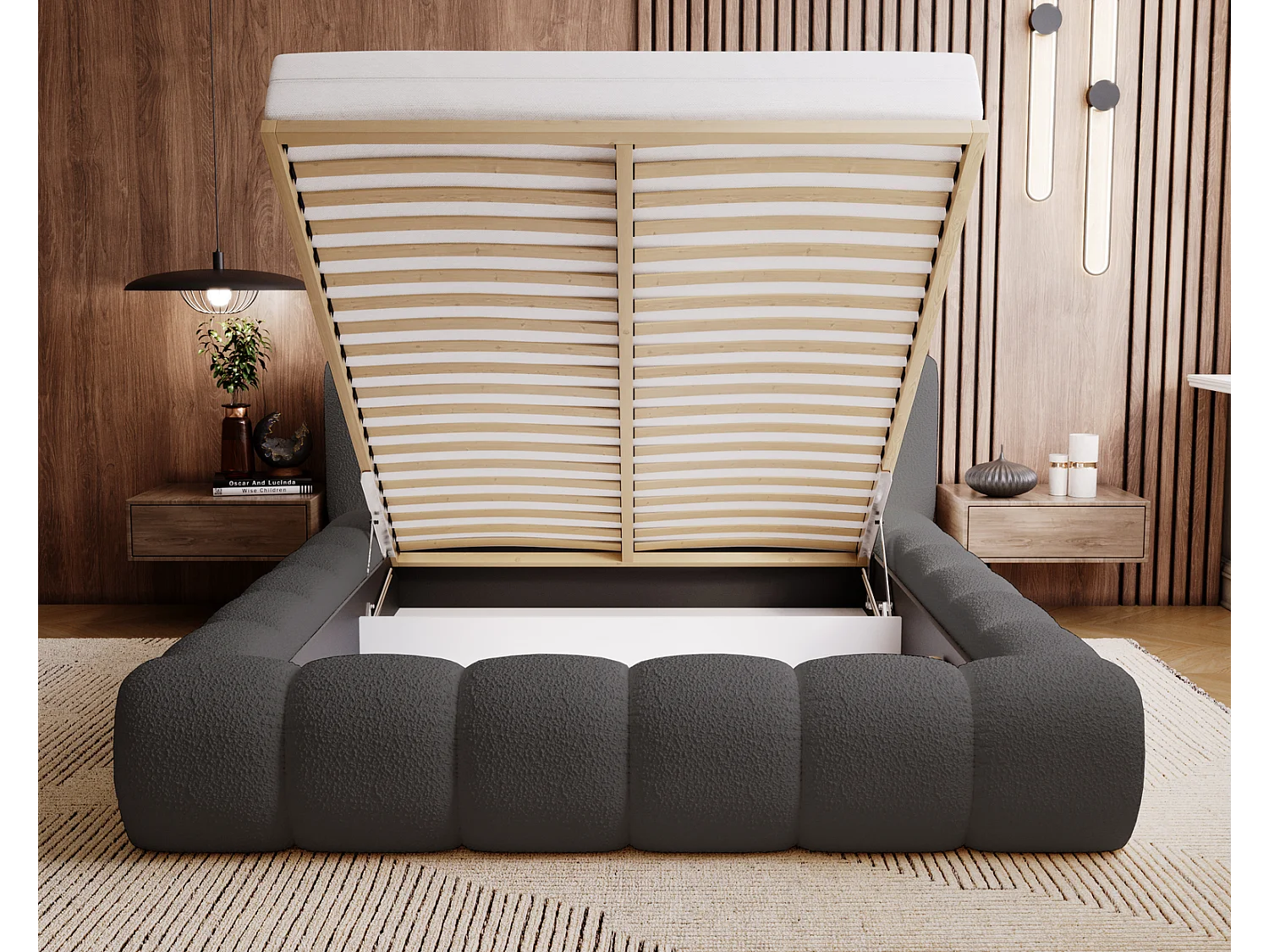 Emporius Cloud Lit rembourré 160x200 - Lit coffre avec rangement et sommier à lattes - Lit double 160x200 cm, tissu bouclé Gris foncé (Anthology 18)