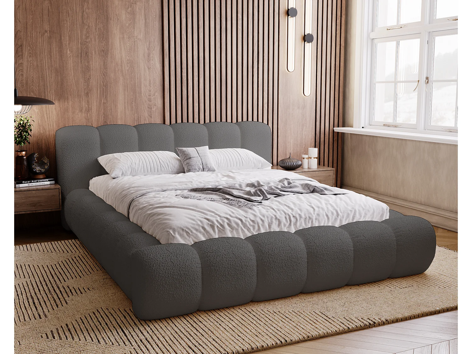 Emporius Cloud Lit rembourré 160x200 - Lit coffre avec rangement et sommier à lattes - Lit double 160x200 cm, tissu bouclé Gris foncé (Anthology 18)