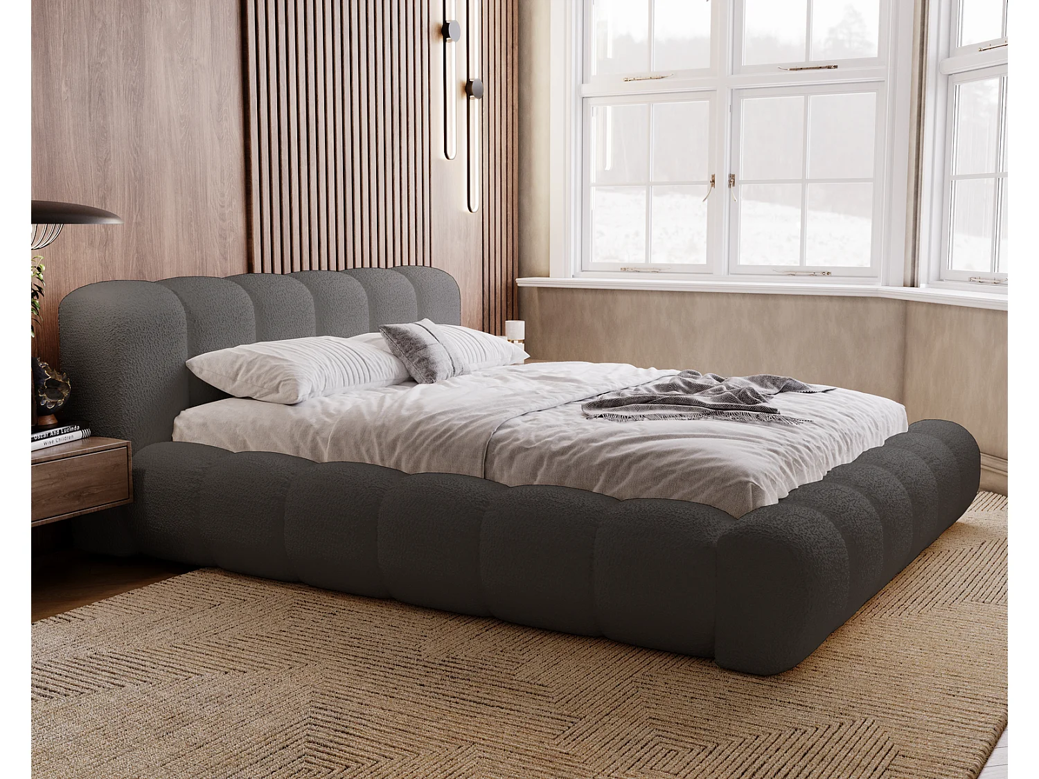 Emporius Cloud Lit rembourré 160x200 - Lit coffre avec rangement et sommier à lattes - Lit double 160x200 cm, tissu bouclé Gris foncé (Anthology 18)