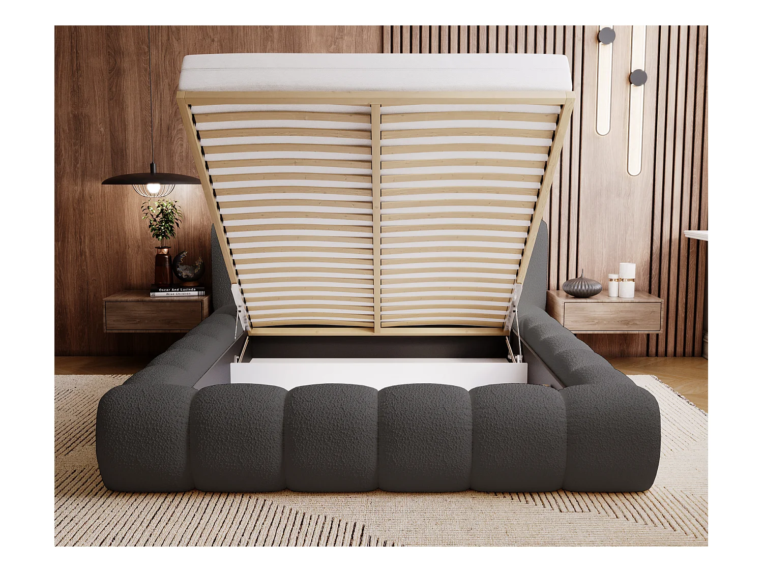 Emporius Cloud Lit rembourré 140x200 - Lit coffre avec rangement et sommier à lattes - Lit double 140x200 cm, tissu bouclé Gris foncé (Anthology 18)