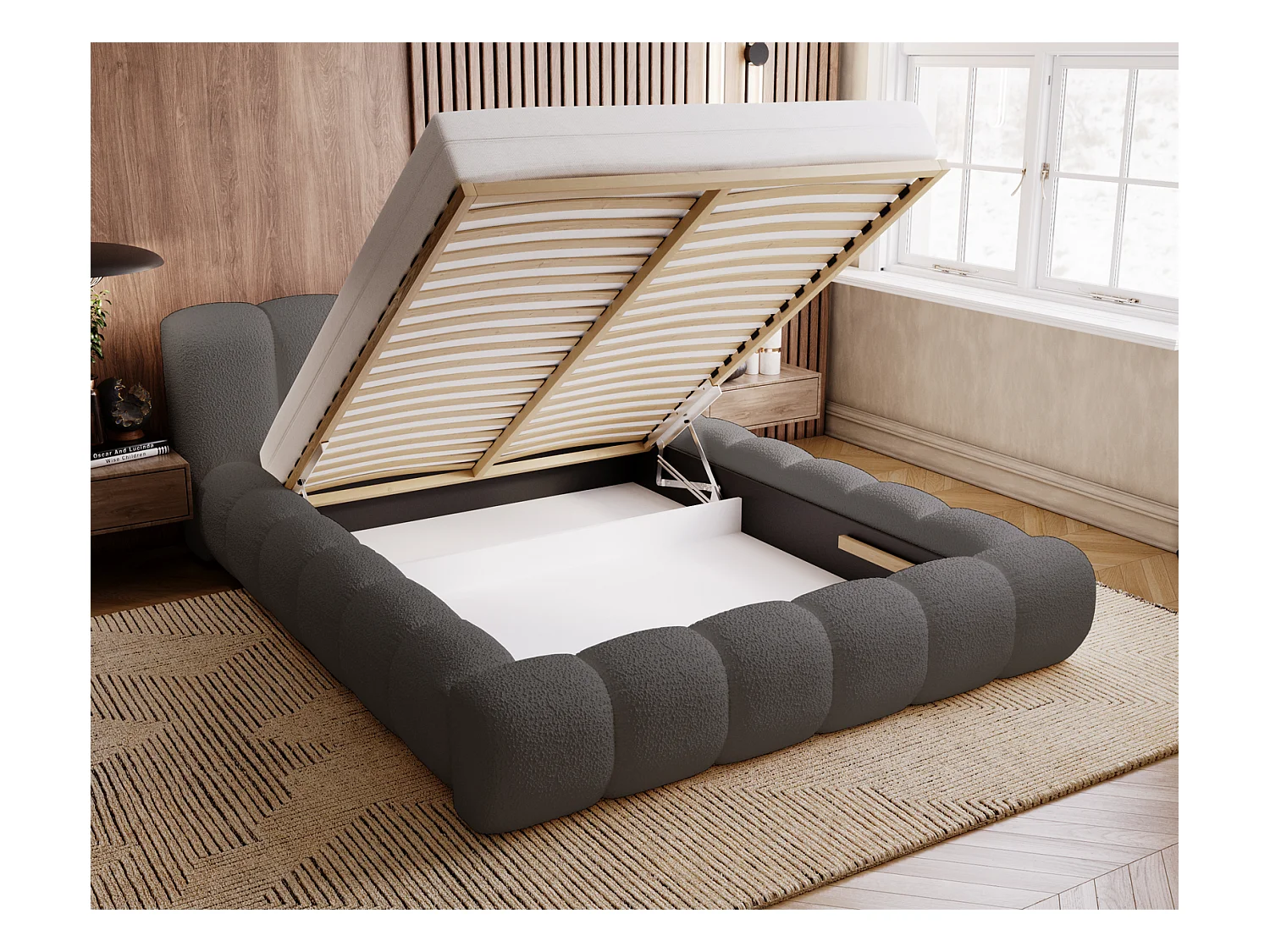 Emporius Cloud Lit rembourré 140x200 - Lit coffre avec rangement et sommier à lattes - Lit double 140x200 cm, tissu bouclé Gris foncé (Anthology 18)