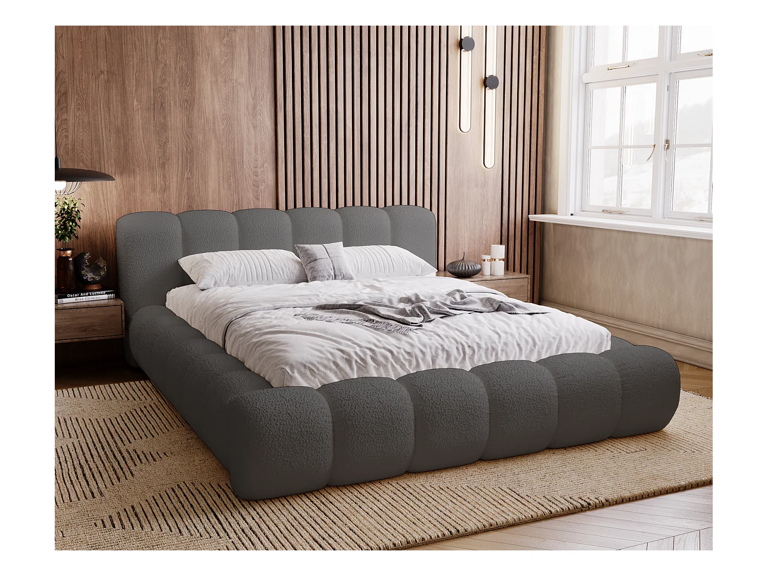 Emporius Cloud Gestoffeerd bed 140x200 cm  - tweepersoonsbed, luxe bed met lattenbodem, opbergruimte - Bouclé Donkergrijs (Anthology 18)