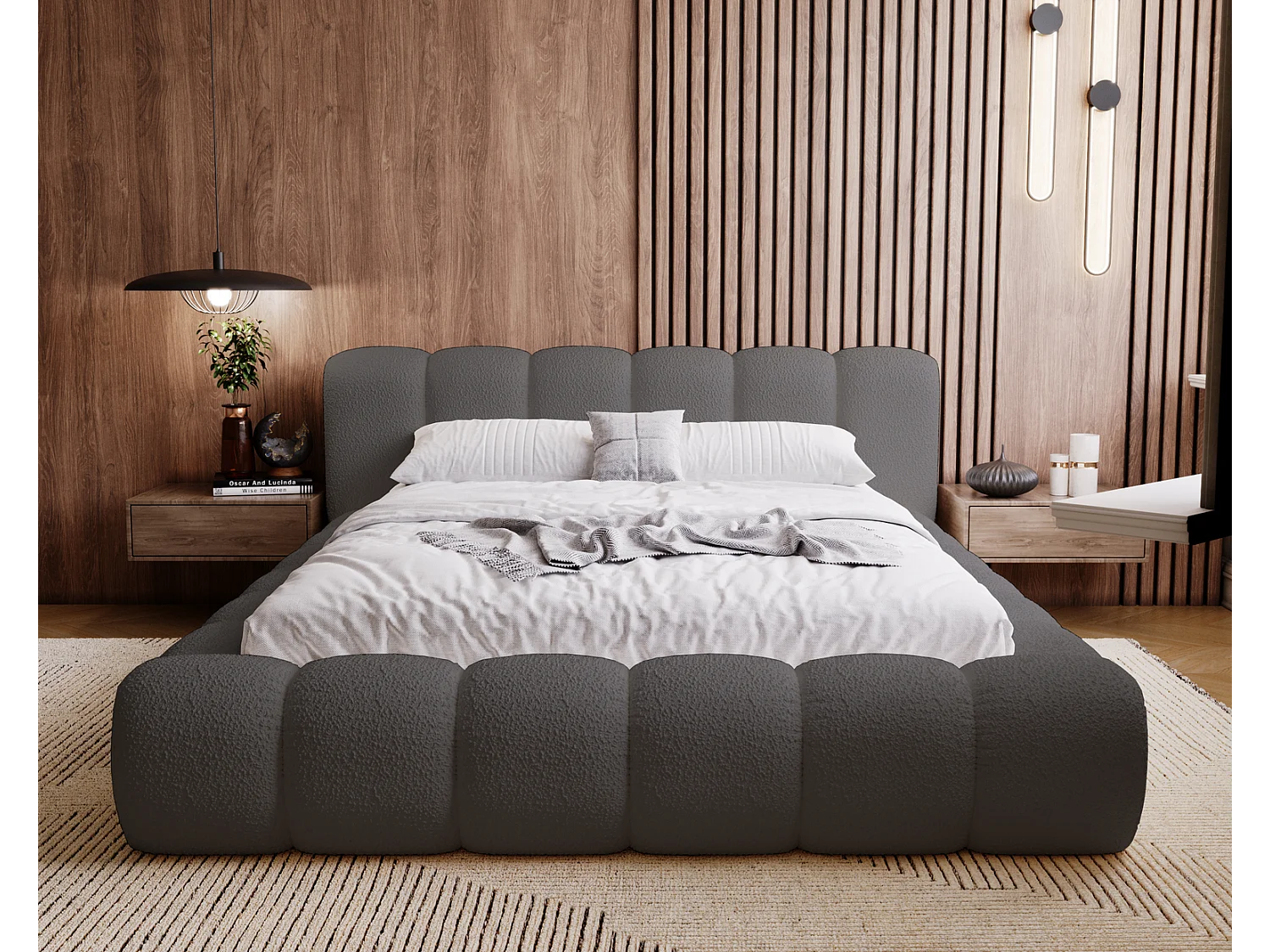 Emporius Cloud Lit rembourré 140x200 - Lit coffre avec rangement et sommier à lattes - Lit double 140x200 cm, tissu bouclé Gris foncé (Anthology 18)