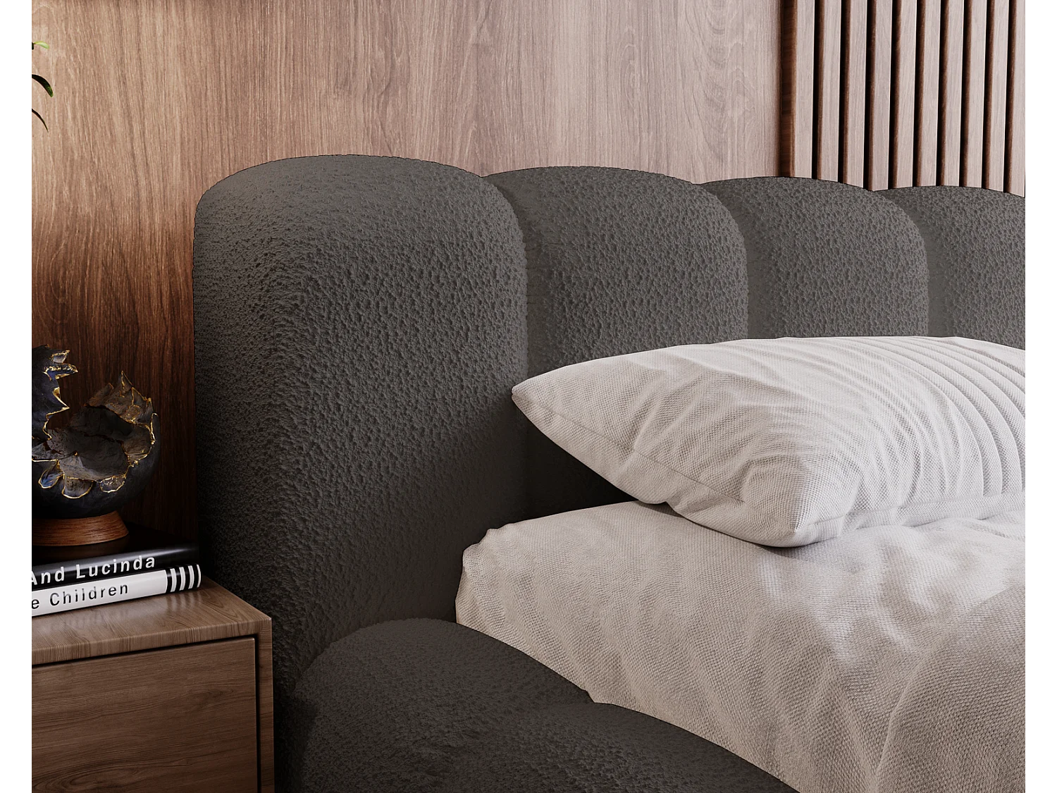 Emporius Cloud Lit rembourré 140x200 - Lit coffre avec rangement et sommier à lattes - Lit double 140x200 cm, tissu bouclé Gris foncé (Anthology 18)