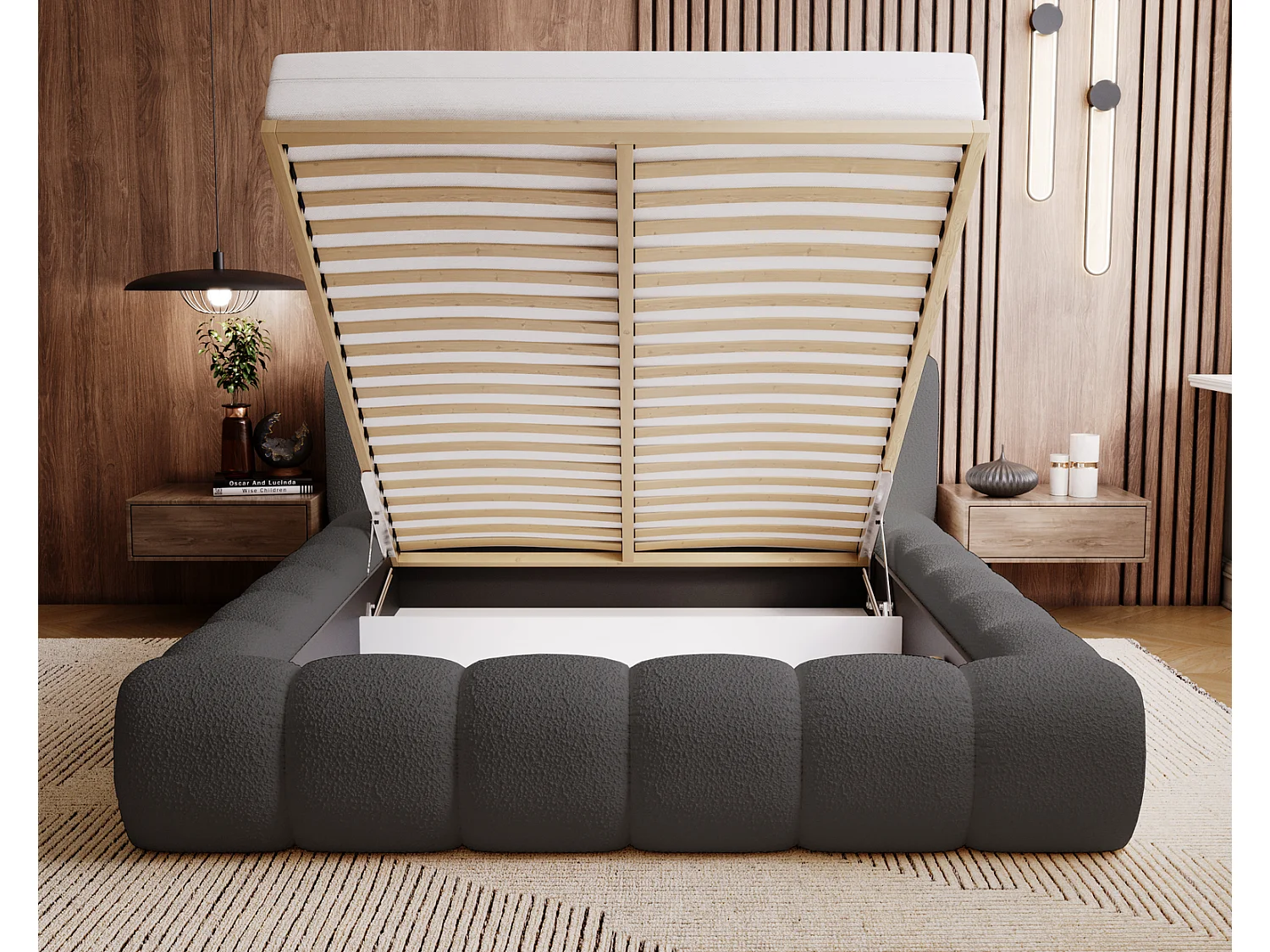 Emporius Cloud Lit rembourré 140x200 - Lit coffre avec rangement et sommier à lattes - Lit double 140x200 cm, tissu bouclé Gris foncé (Anthology 18)