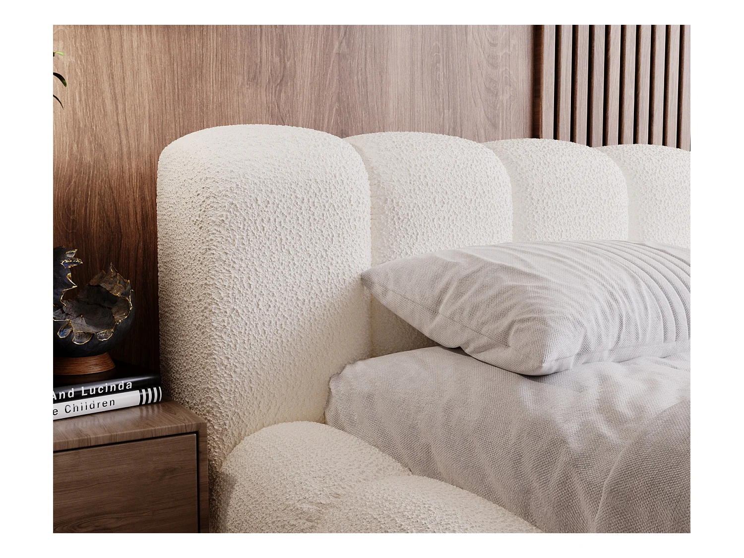 Emporius Cloud Lit rembourré 160x200 - Lit coffre avec rangement et sommier à lattes - Lit double 160x200 cm, tissu bouclé Crème (Anthology 1)