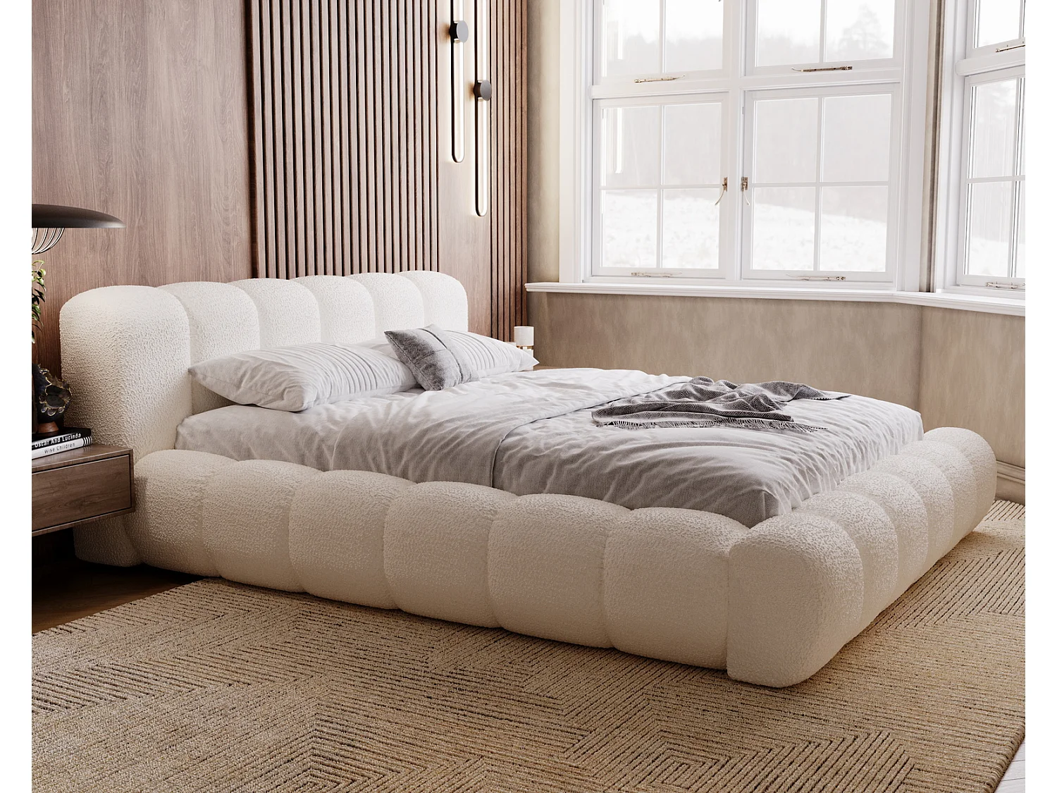 Emporius Cloud Lit rembourré 160x200 - Lit coffre avec rangement et sommier à lattes - Lit double 160x200 cm, tissu bouclé Crème (Anthology 1)