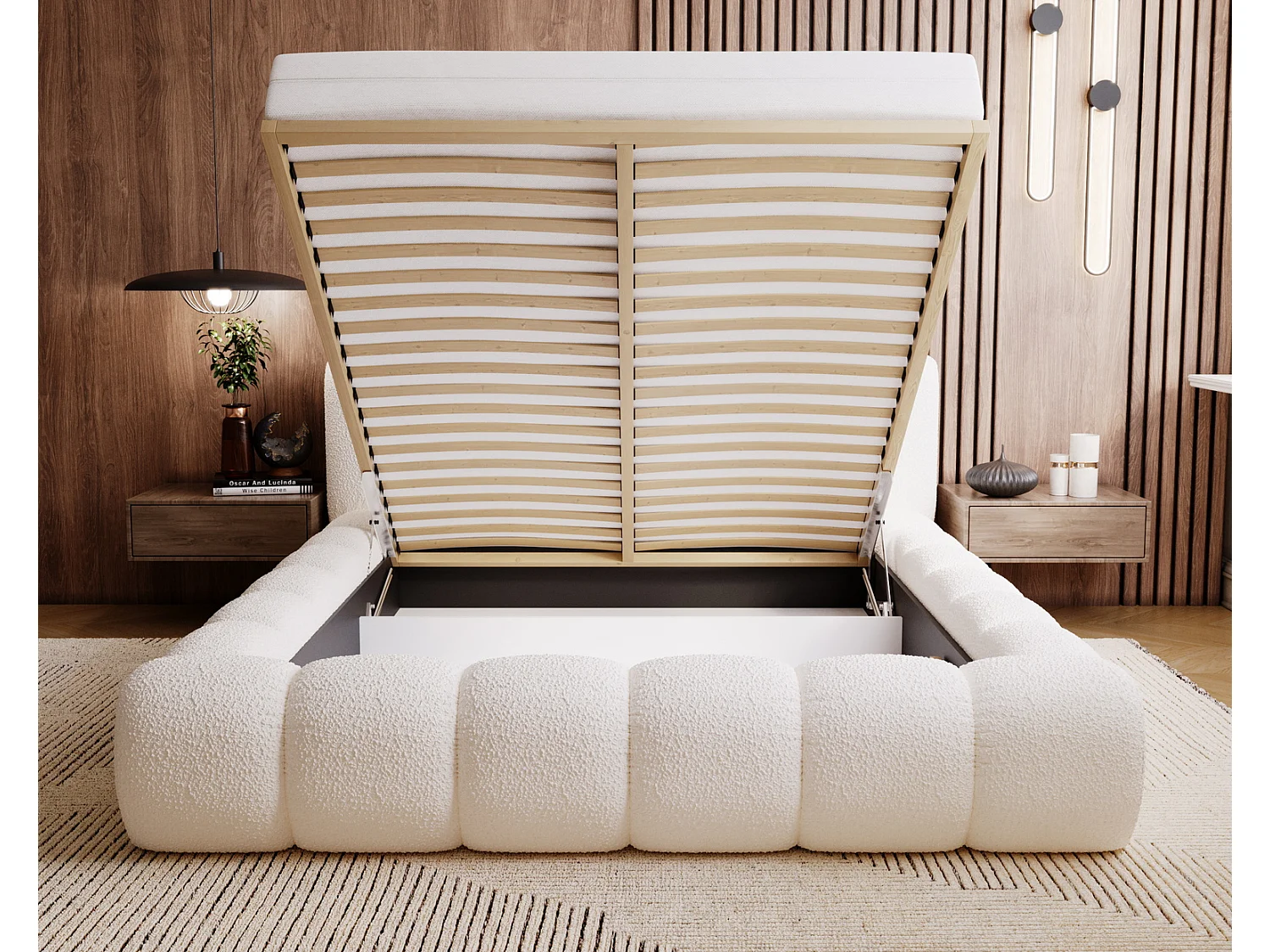 Emporius Cloud Lit rembourré 160x200 - Lit coffre avec rangement et sommier à lattes - Lit double 160x200 cm, tissu bouclé Crème (Anthology 1)