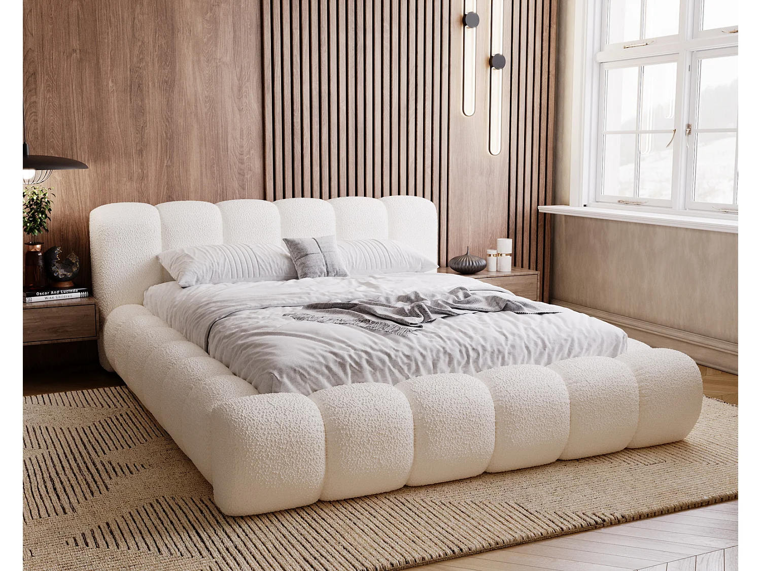 Emporius Cloud Lit rembourré 160x200 - Lit coffre avec rangement et sommier à lattes - Lit double 160x200 cm, tissu bouclé Crème (Anthology 1)
