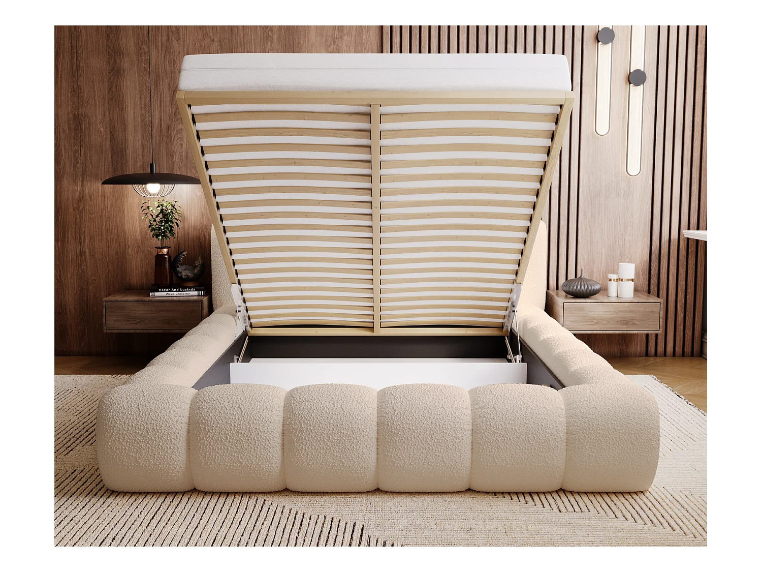 Emporius Cloud Lit rembourré 140x200 - Lit coffre avec rangement et sommier à lattes - Lit double 140x200 cm, tissu bouclé Beige (Anthology 3)