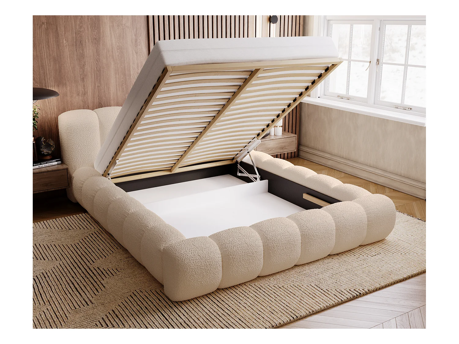Emporius Cloud Lit rembourré 140x200 - Lit coffre avec rangement et sommier à lattes - Lit double 140x200 cm, tissu bouclé Beige (Anthology 3)