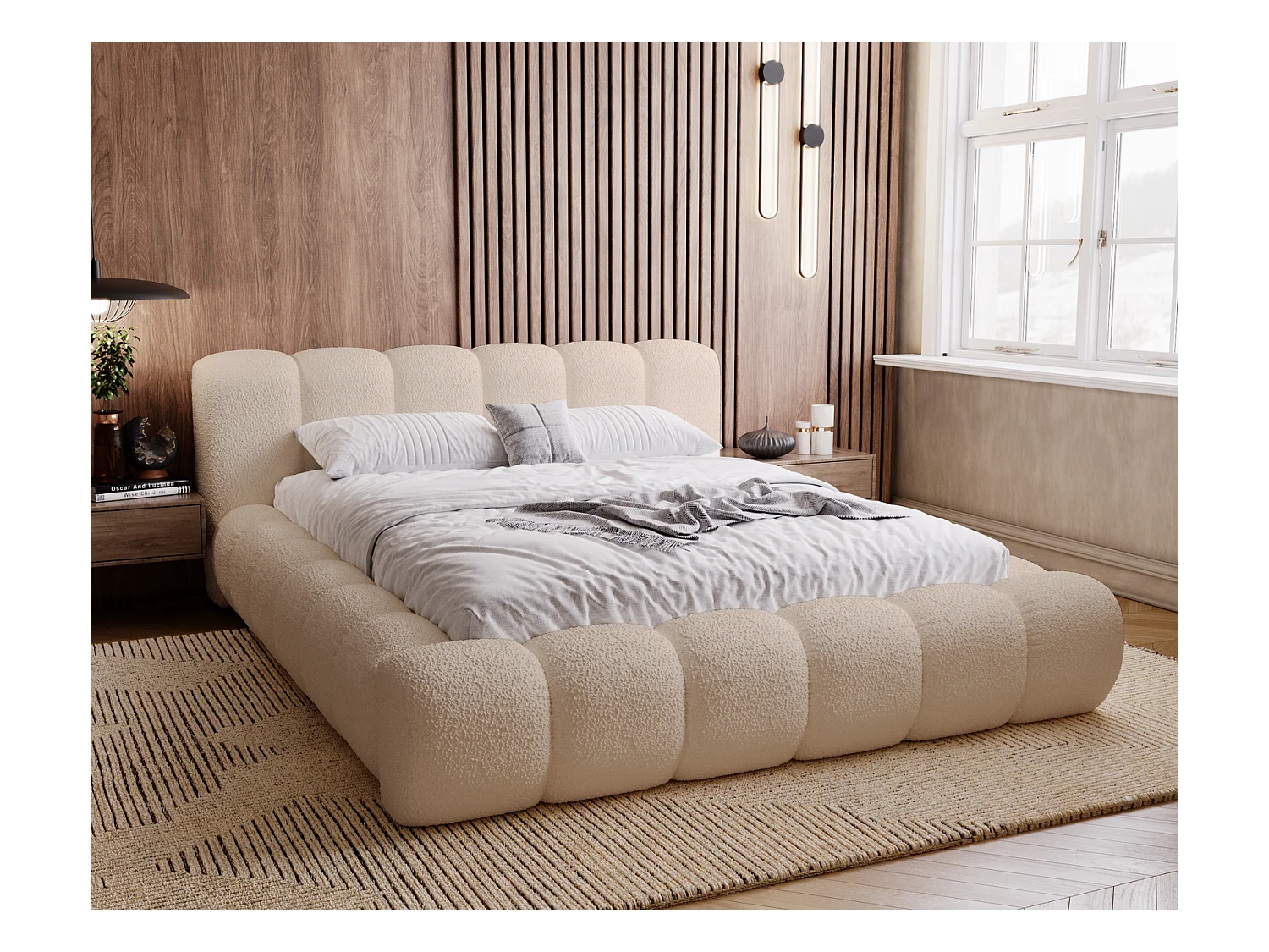 Emporius Cloud Gestoffeerd bed 140x200 cm  - tweepersoonsbed, luxe bed met lattenbodem, opbergruimte - Bouclé Beige (Anthology 3)
