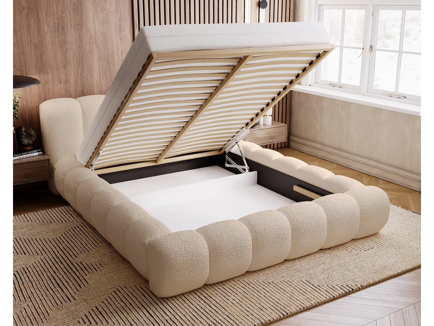 Emporius Cloud Lit rembourré 140x200 - Lit coffre avec rangement et sommier à lattes - Lit double 140x200 cm, tissu bouclé Beige (Anthology 3)