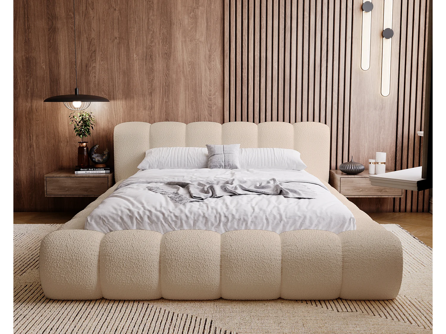 Emporius Cloud Lit rembourré 140x200 - Lit coffre avec rangement et sommier à lattes - Lit double 140x200 cm, tissu bouclé Beige (Anthology 3)