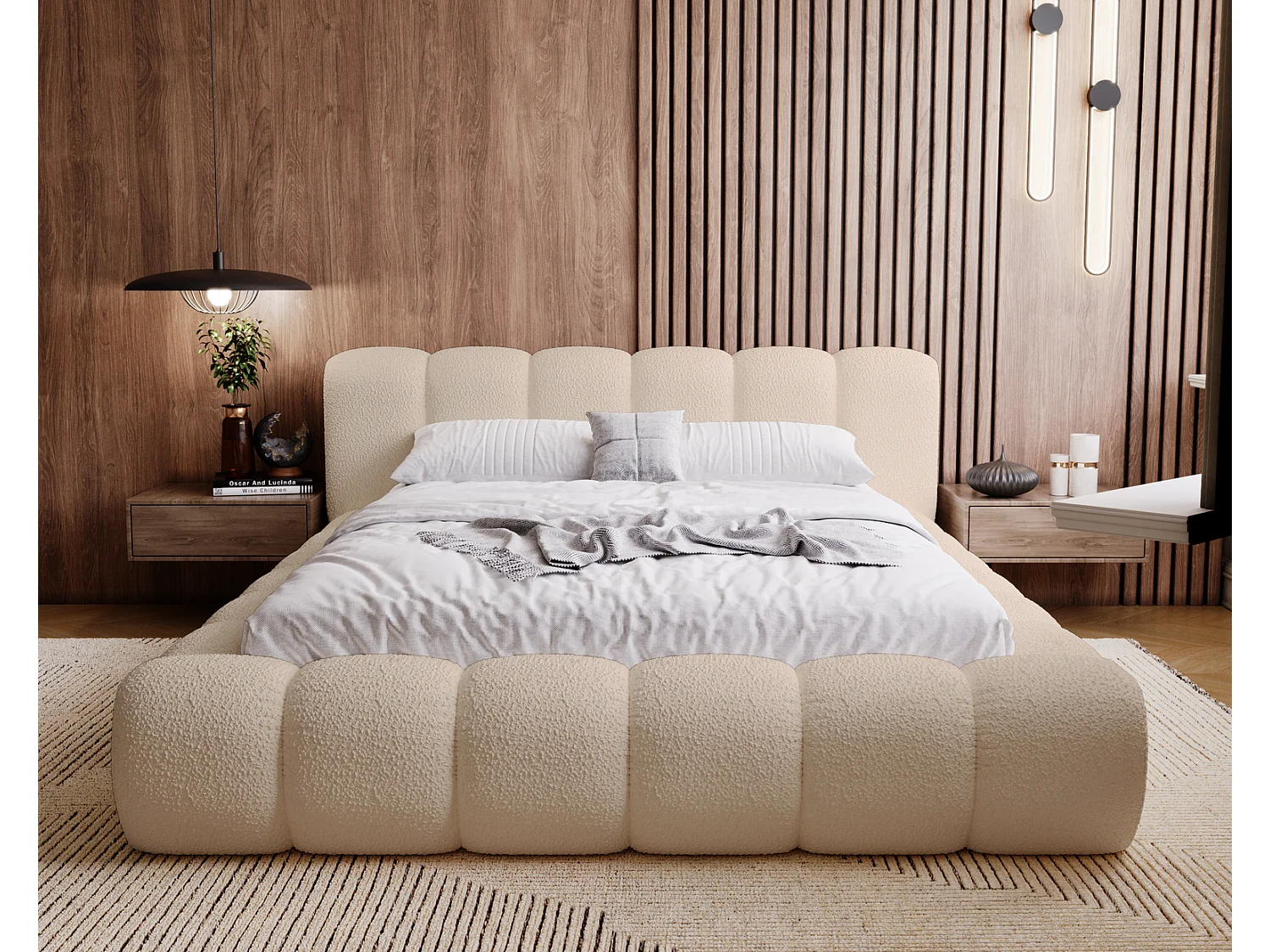 Emporius Cloud Lit rembourré 140x200 - Lit coffre avec rangement et sommier à lattes - Lit double 140x200 cm, tissu bouclé Beige (Anthology 3)