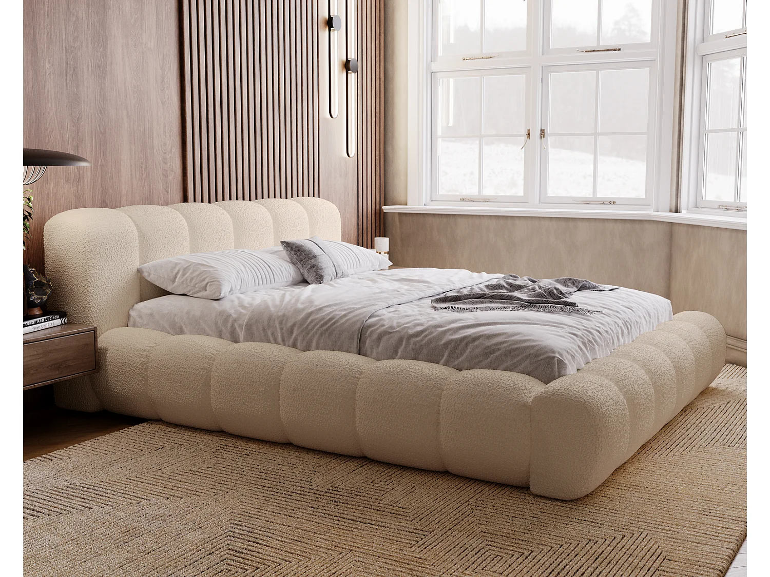 Emporius Cloud Lit rembourré 140x200 - Lit coffre avec rangement et sommier à lattes - Lit double 140x200 cm, tissu bouclé Beige (Anthology 3)