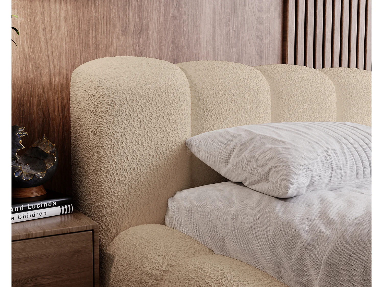 Emporius Cloud Lit rembourré 140x200 - Lit coffre avec rangement et sommier à lattes - Lit double 140x200 cm, tissu bouclé Beige (Anthology 3)