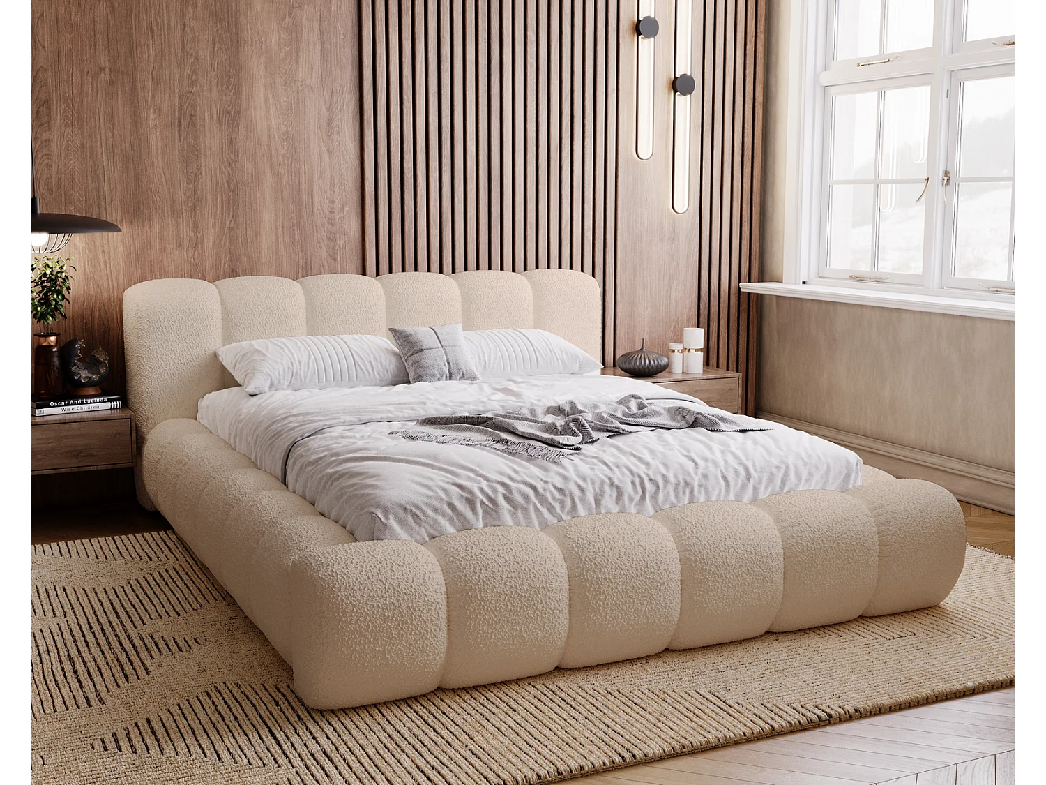 Emporius Cloud Lit rembourré 140x200 - Lit coffre avec rangement et sommier à lattes - Lit double 140x200 cm, tissu bouclé Beige (Anthology 3)