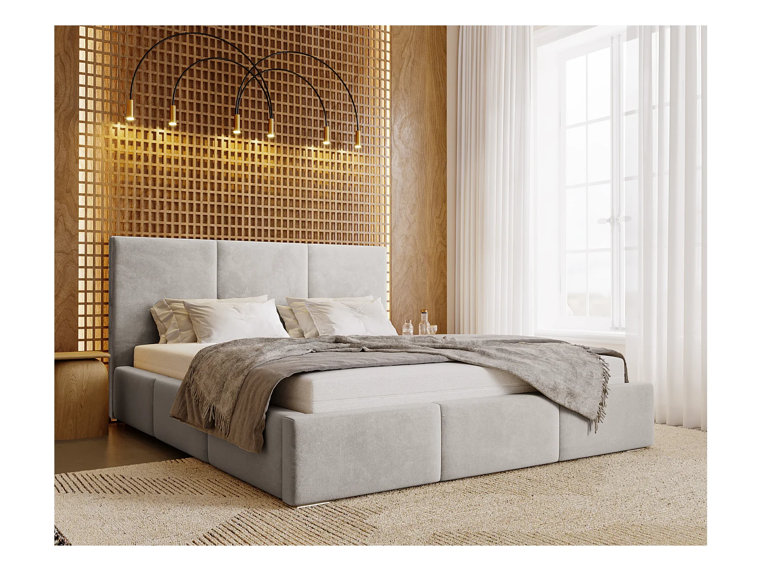 Emporius Lit 140x200 Lary - Lit avec rangement, Lit adulte rembourré - sommier à Lattes, tissu velours Gris clair (Magic Velvet 2218)