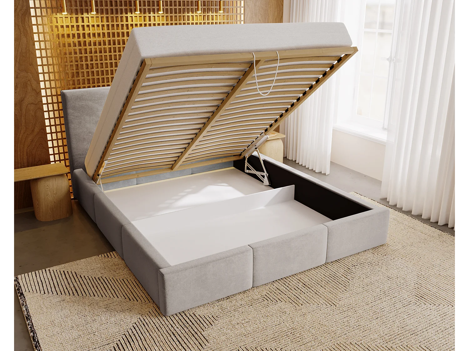 Emporius Lit 140x200 Lary - Lit avec rangement, Lit adulte rembourré - sommier à Lattes, tissu velours Gris clair (Magic Velvet 2218)