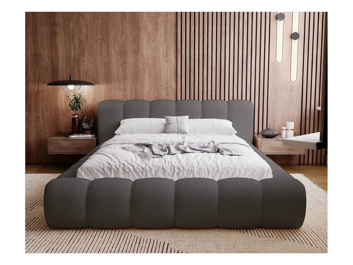 Emporius Cloud Lit rembourré 180x200 - Lit coffre avec rangement et sommier à lattes - Lit double 180x200 cm, tissu bouclé Gris foncé (Anthology 18)