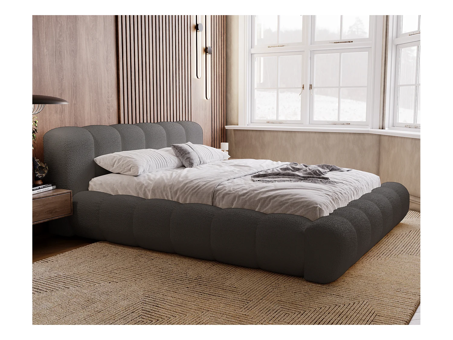 Emporius Cloud Lit rembourré 180x200 - Lit coffre avec rangement et sommier à lattes - Lit double 180x200 cm, tissu bouclé Gris foncé (Anthology 18)