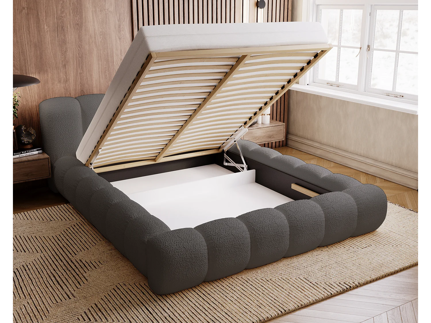 Emporius Cloud Lit rembourré 180x200 - Lit coffre avec rangement et sommier à lattes - Lit double 180x200 cm, tissu bouclé Gris foncé (Anthology 18)