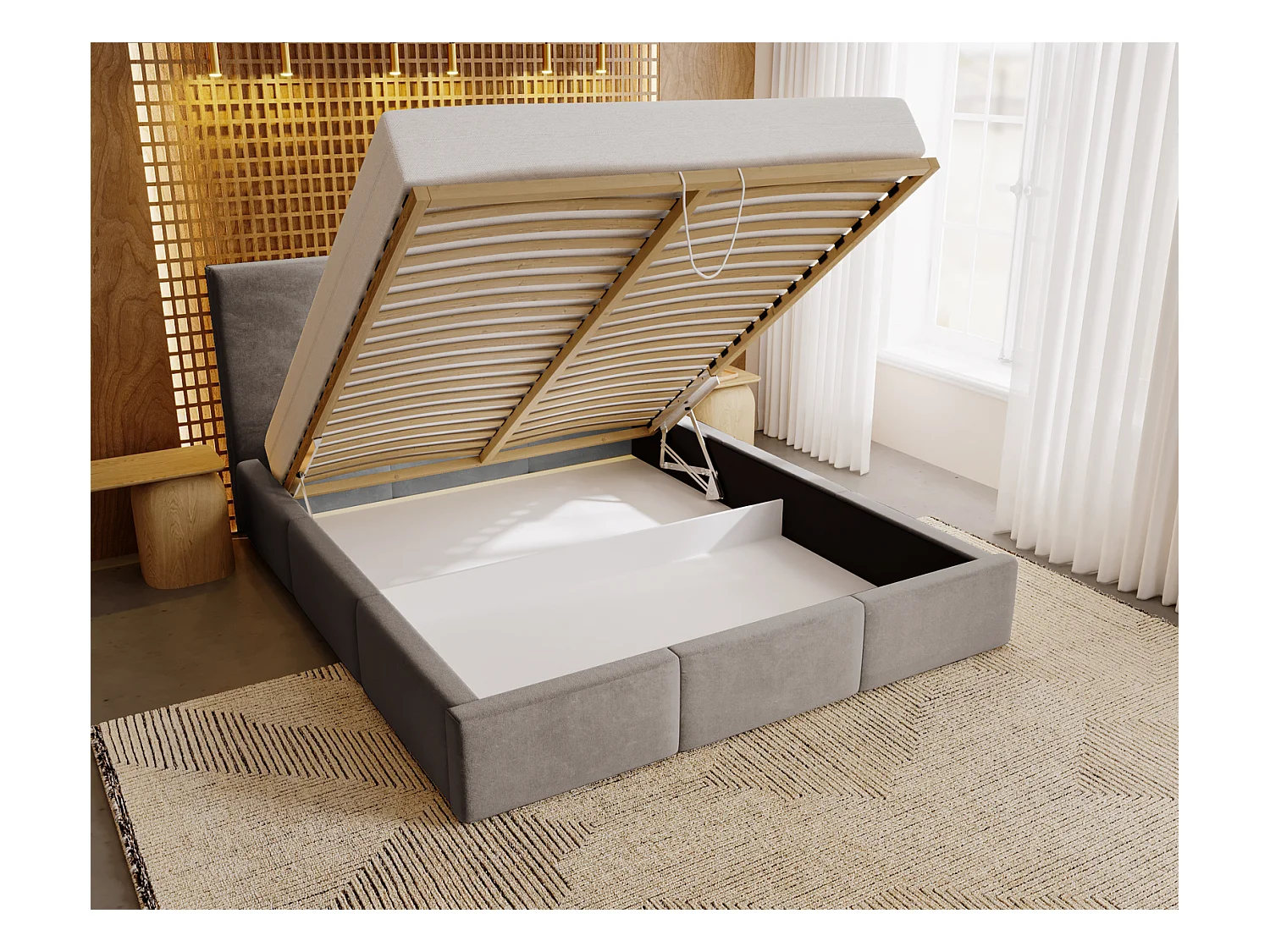 Emporius Lit 160x200 Lary - Lit avec rangement, Lit adulte rembourré - sommier à Lattes, tissu velours Gris (Magic Velvet 2217)