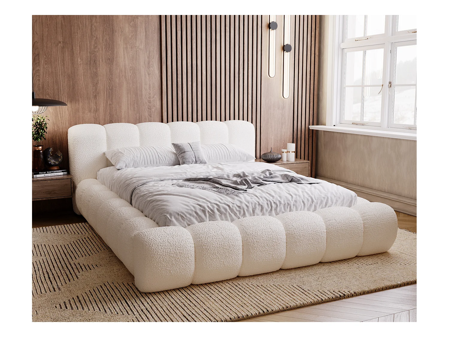 Emporius Cloud Lit rembourré 140x200 - Lit coffre avec rangement et sommier à lattes - Lit double 140x200 cm, tissu bouclé Crème (Anthology 1)