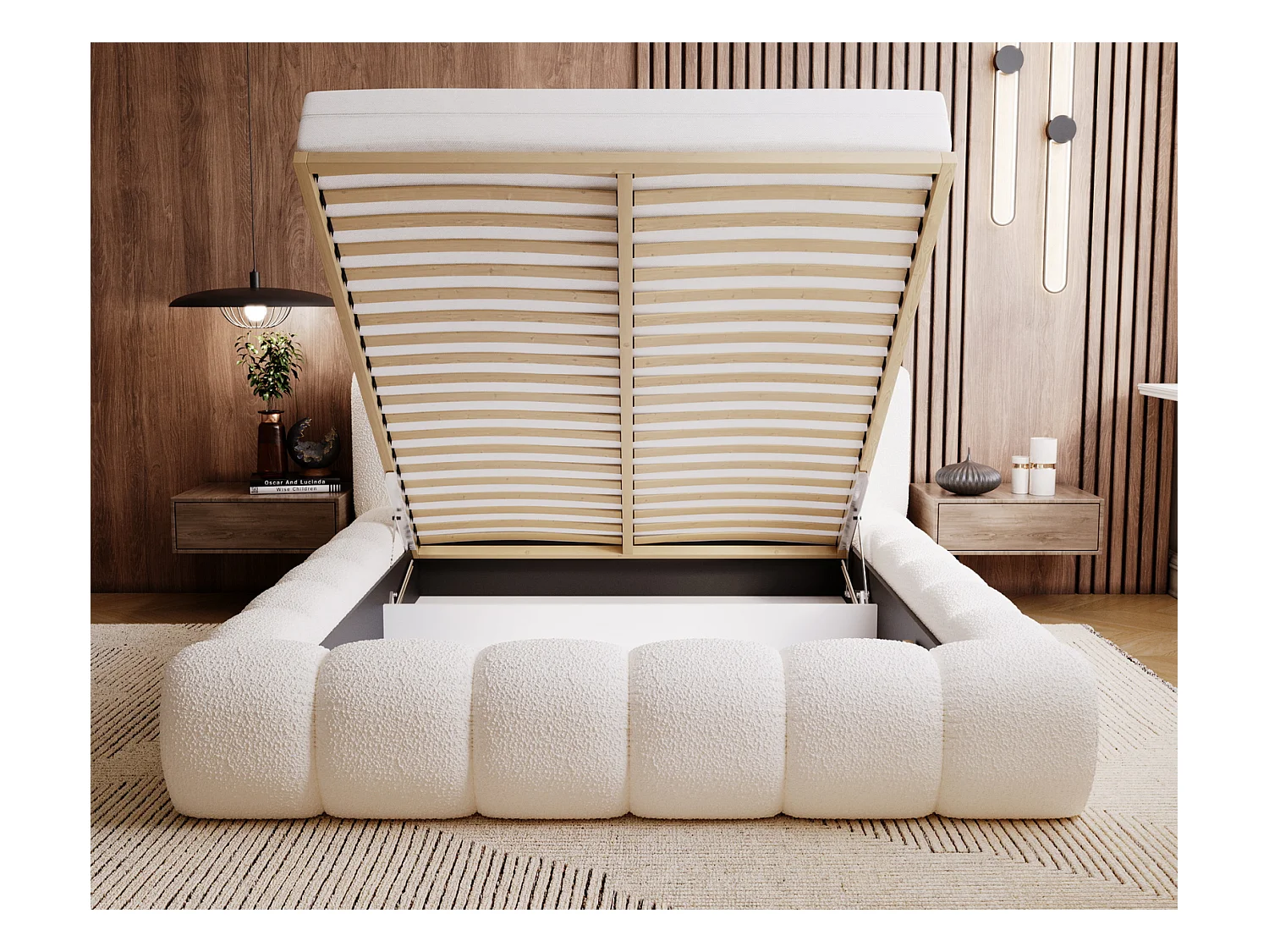 Emporius Cloud Lit rembourré 140x200 - Lit coffre avec rangement et sommier à lattes - Lit double 140x200 cm, tissu bouclé Crème (Anthology 1)