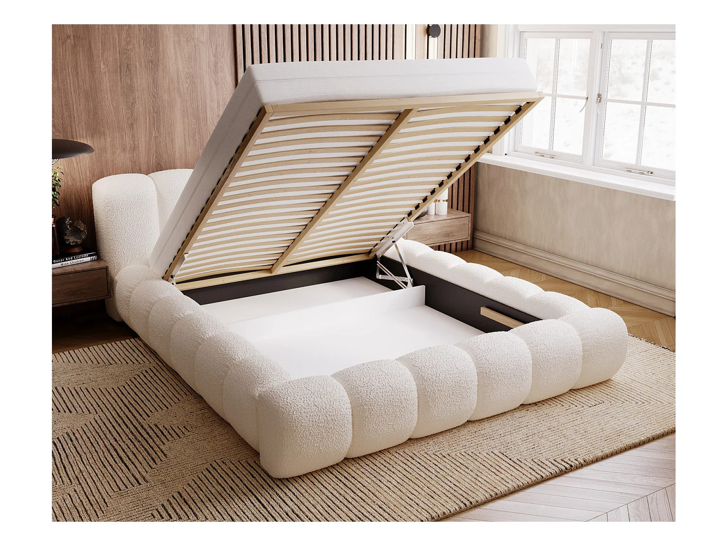 Emporius Cloud Lit rembourré 140x200 - Lit coffre avec rangement et sommier à lattes - Lit double 140x200 cm, tissu bouclé Crème (Anthology 1)