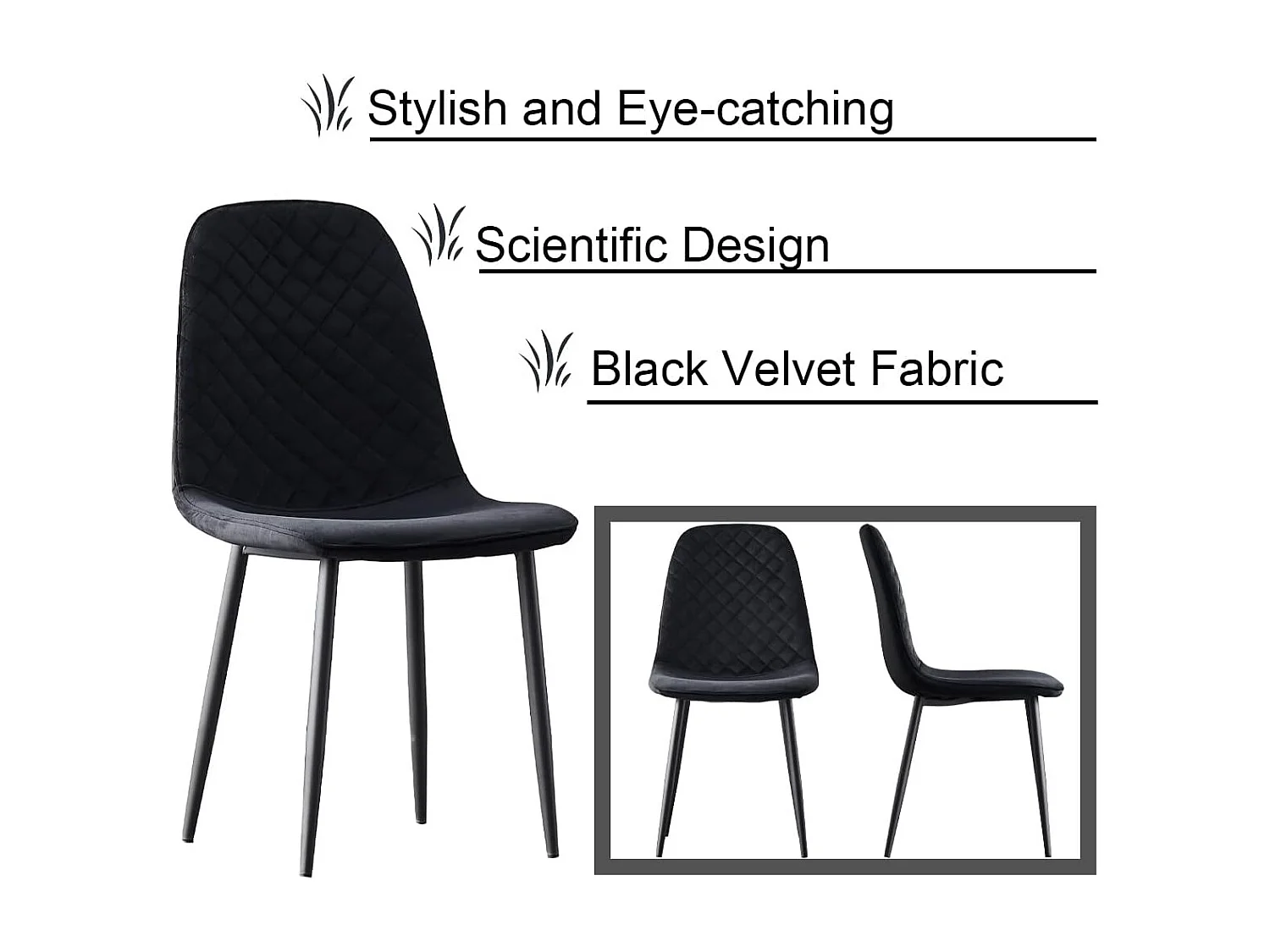 Lot de 2 Chaises Noires Scandinaves, Chaises de Salle à Manger avec Dossier, Siège en Velours, Pieds en Métal pour Salon,Salle de Cuisine (2, Noir Velours)