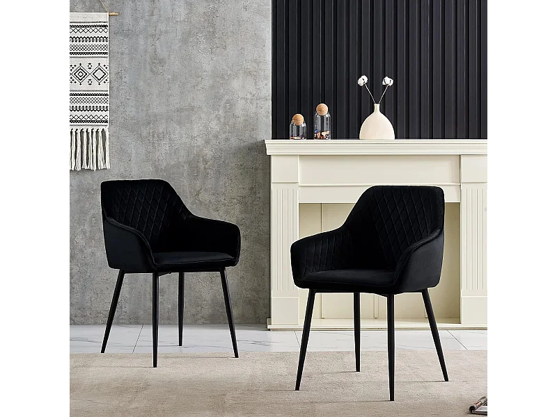 Lot de 2 Chaises Scandinaves en Velours avec Dossier et Accoudoirs, Siège Rembourés, pour Salle à manger, Bureau, Cuisine, Salon (2, Noir)