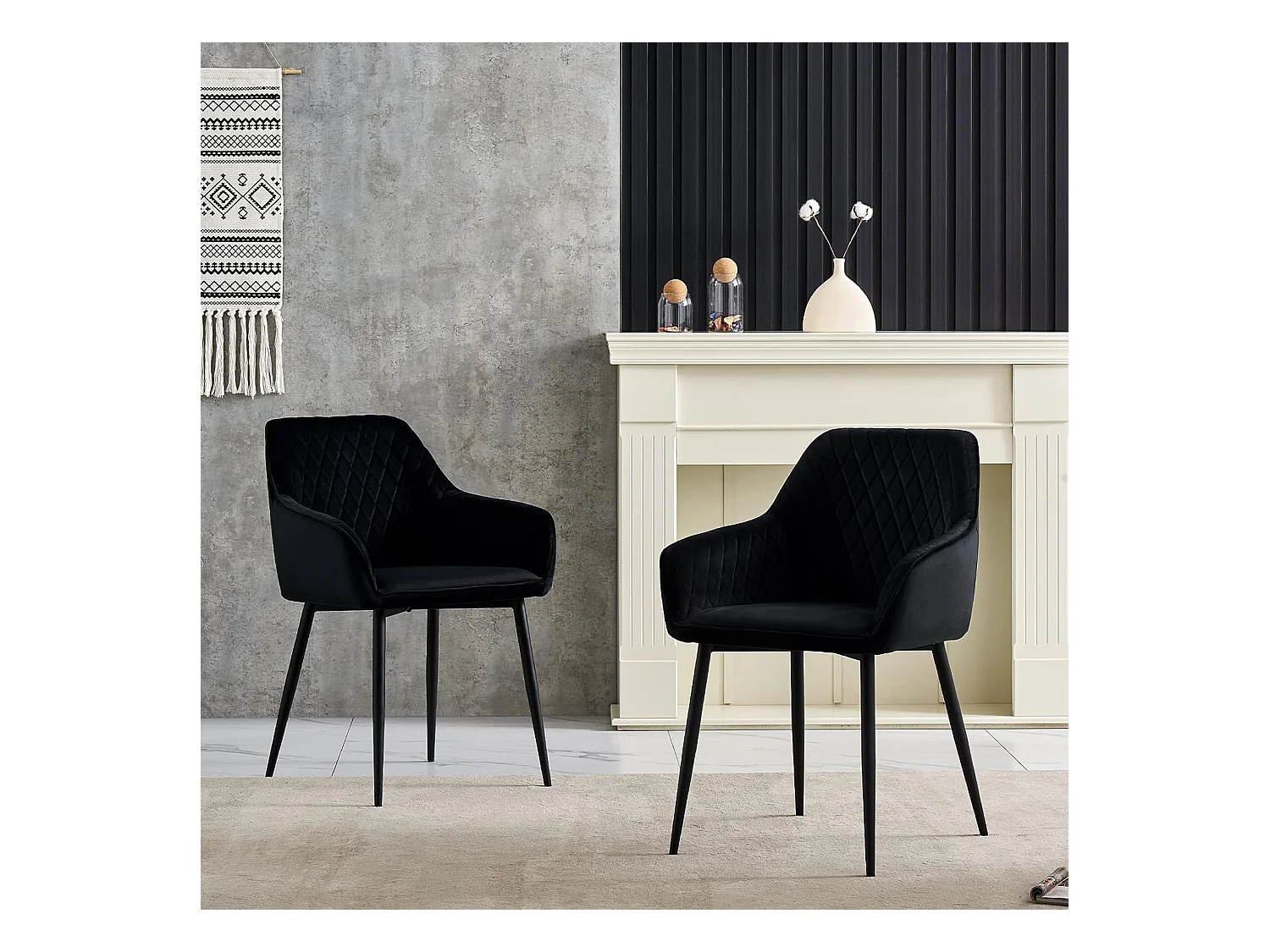 Lot de 2 Chaises Scandinaves en Velours avec Dossier et Accoudoirs, Siège Rembourés, pour Salle à manger, Bureau, Cuisine, Salon (2, Noir)