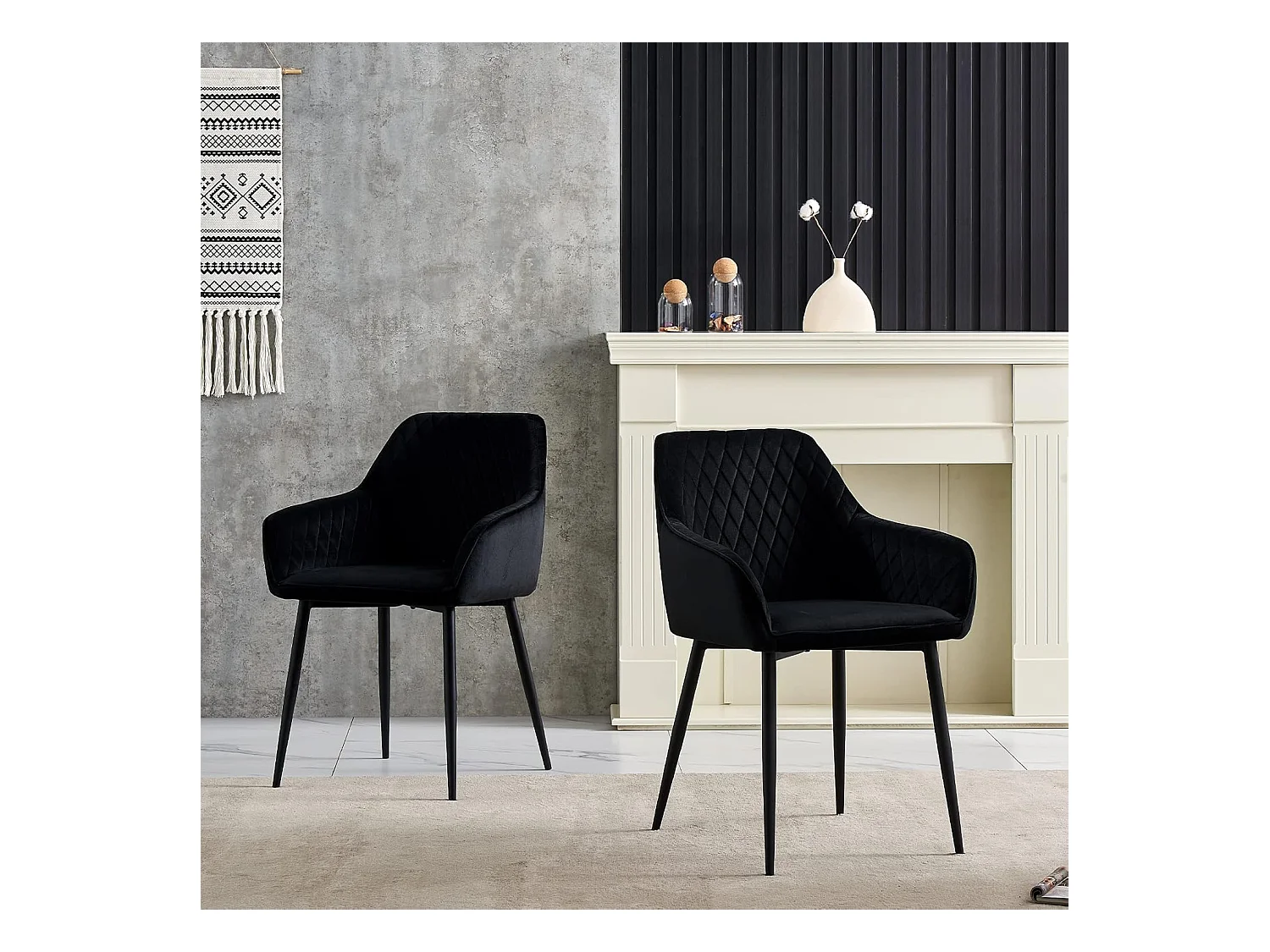 Lot de 2 Chaises Scandinaves en Velours avec Dossier et Accoudoirs, Siège Rembourés, pour Salle à manger, Bureau, Cuisine, Salon (2, Noir)