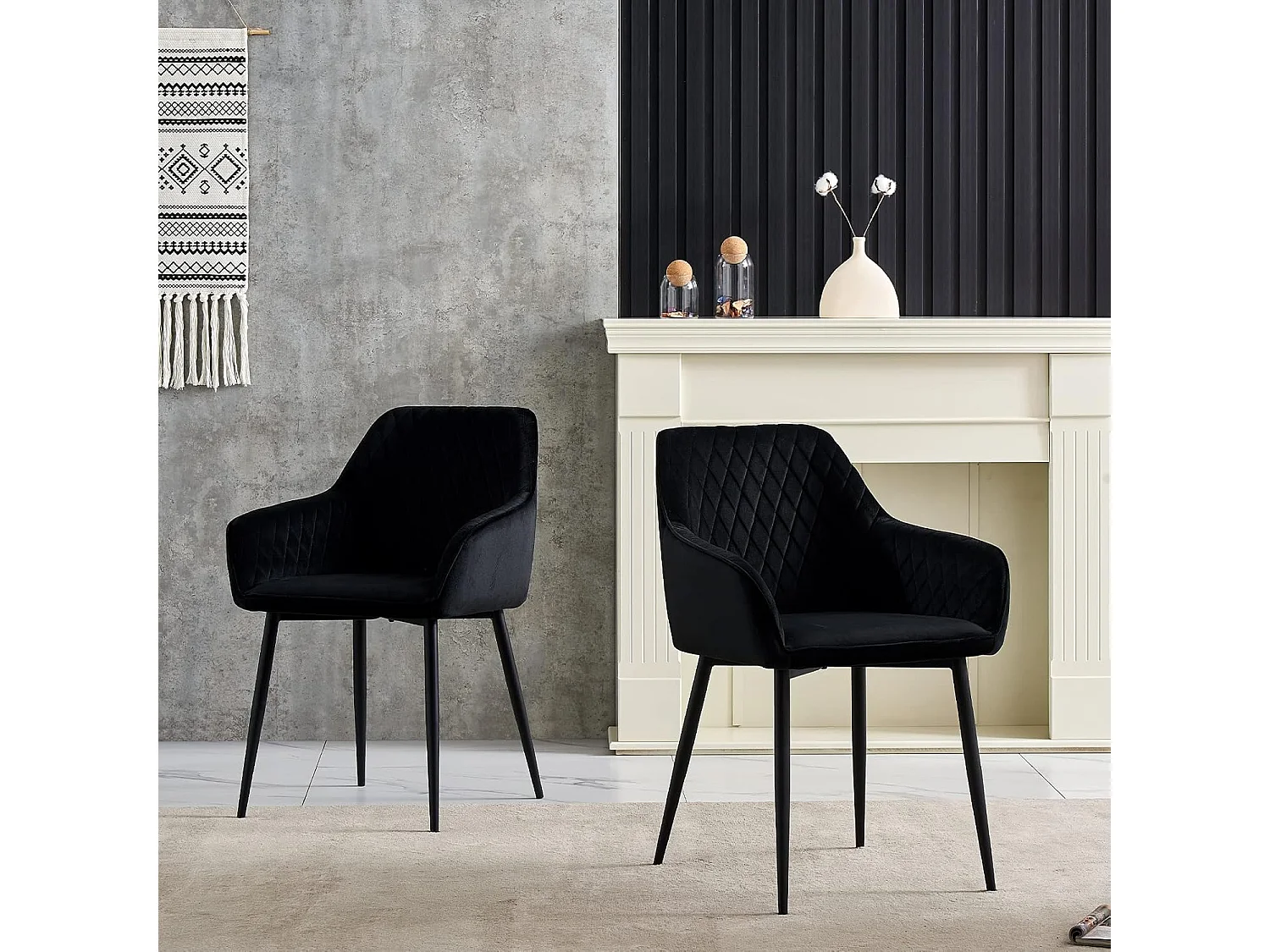 Lot de 2 Chaises Scandinaves en Velours avec Dossier et Accoudoirs, Siège Rembourés, pour Salle à manger, Bureau, Cuisine, Salon (2, Noir)