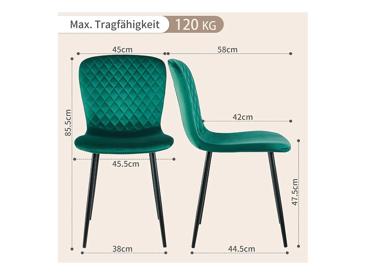 Lot de 4 chaises de salle à manger en velours avec dossier et pieds en métal - Style scandinave - Pour table à manger, chambre à coucher(4, vert)