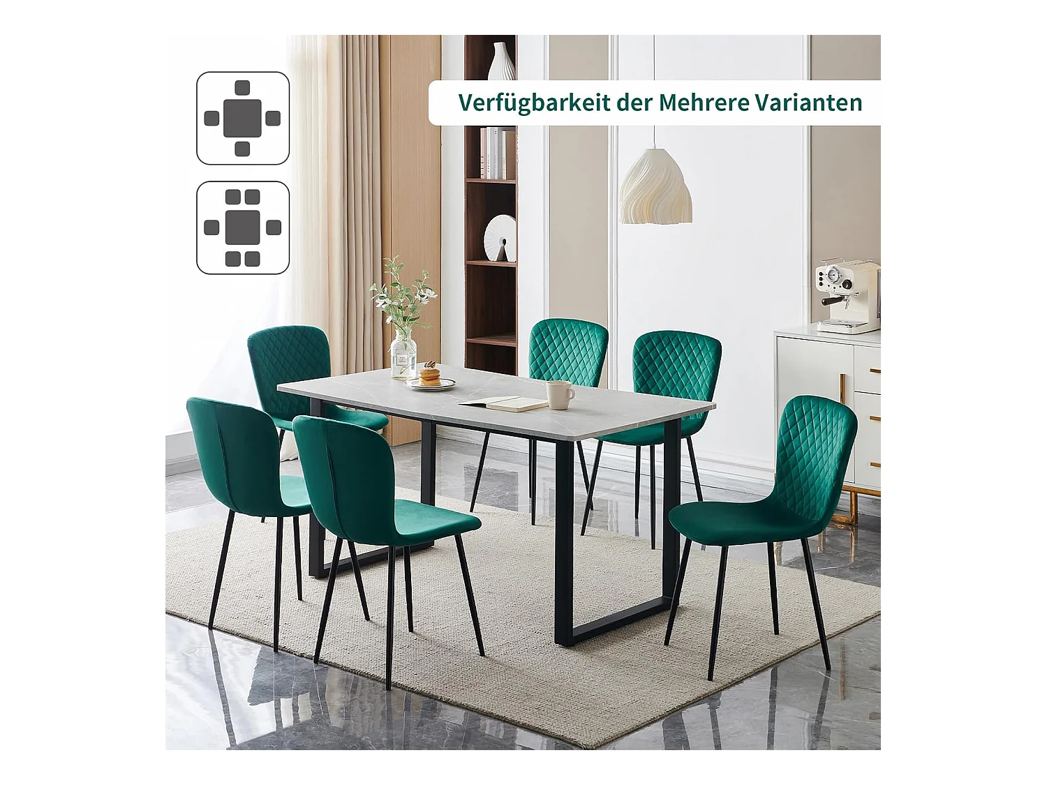 Lot de 4 chaises de salle à manger en velours avec dossier et pieds en métal - Style scandinave - Pour table à manger, chambre à coucher(4, vert)